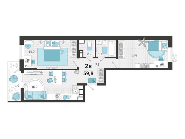 Планировка 2-комн 59,7, 59,8 м²