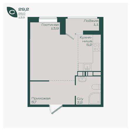 Планировка 1-комн 29,2 м²