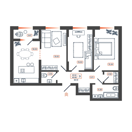 Планировка 3-комн 85,19, 85,21 м²