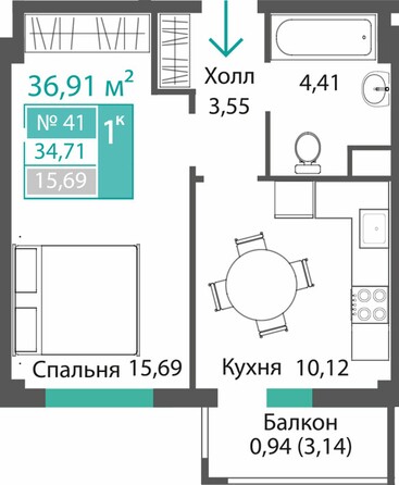 Планировка 1-комн 34,71 м²