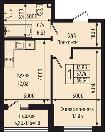 Планировка 1-комн 39,34 м²