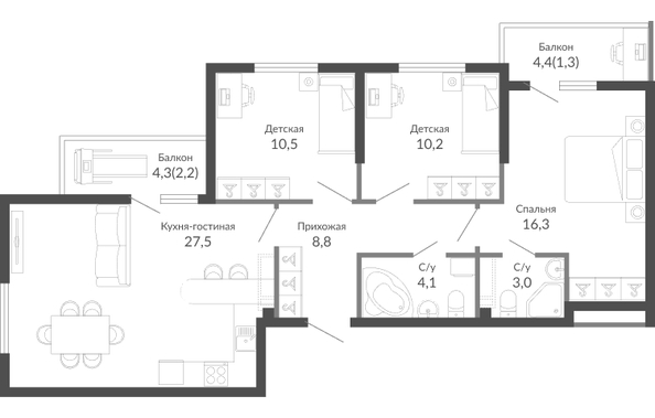 Планировка 3-комн 83,9 м²