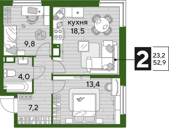 Планировка 2-комн 52,9 м²