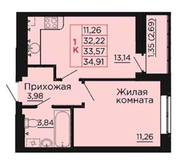 Планировка 1-комн 33,57 м²