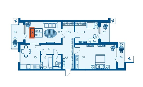 Планировка 3-комн 93,2 м²