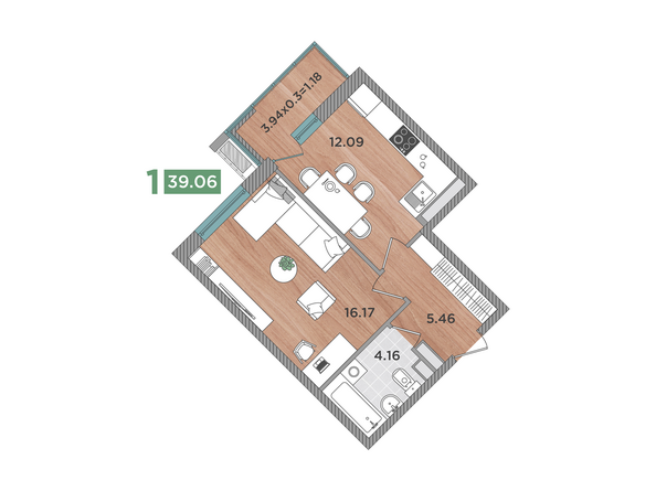 Планировка 1-комн 39,06 м²