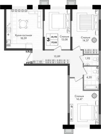 Планировка 3-комн 77,03 м²