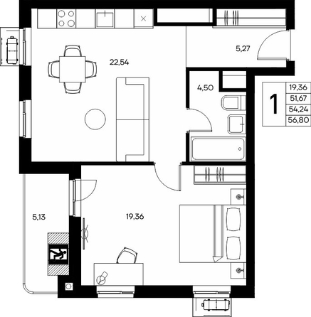 Планировка 1-комн 56,8, 56,87 м²