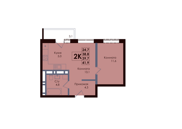 Планировка 2-комн 39,7 м²