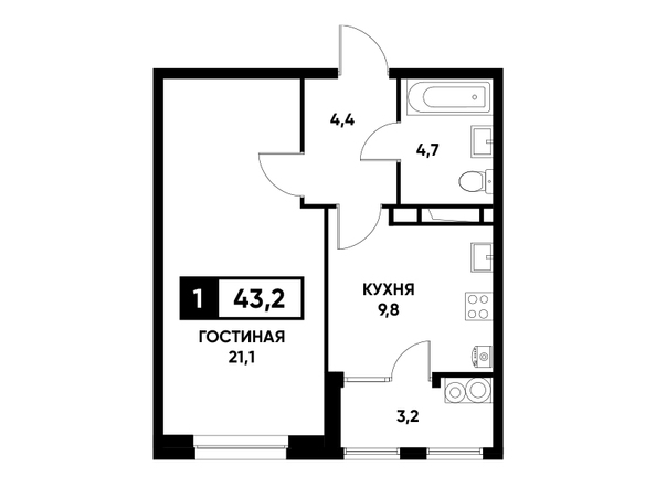 Планировка 1-комн 43,2 м²