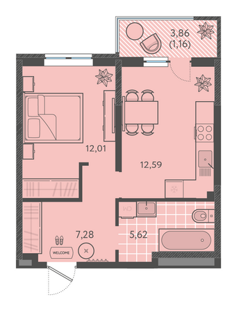 Планировка 1-комн 37,83 - 39,43 м²