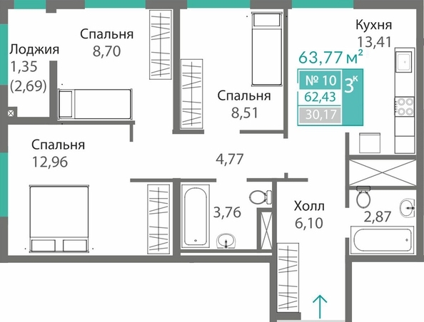 Планировка 3-комн 62,43, 62,47 м²