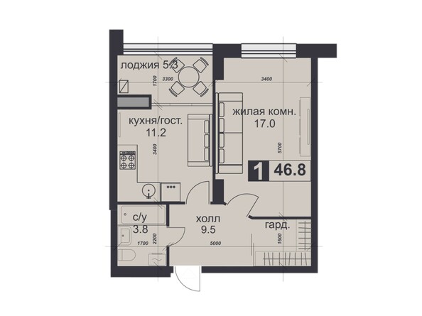 Планировка 1-комн 46,8 м²