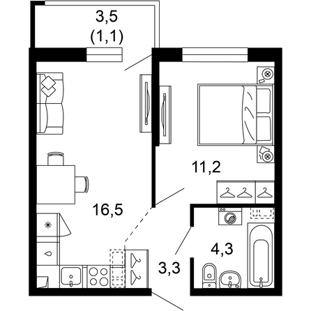 Планировка 1-комн 36,4 м²