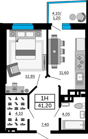 Планировка 1-комн 41, 41,2 м²