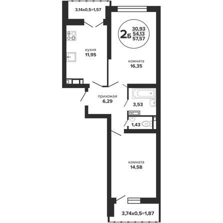 Планировка 2-комн 57,57 м²