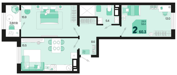 Планировка 2-комн 60,3 м²