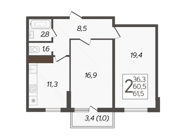 Планировка 2-комн 61,5 м²