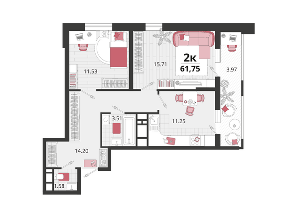 Планировка 2-комн 61,75 м²