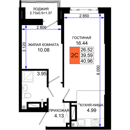 Планировка 1-комн 40,96 м²