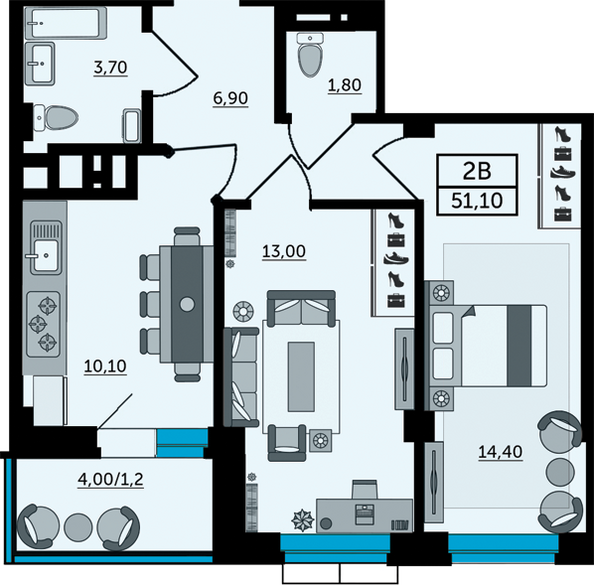 Планировка 2-комн 52 м²