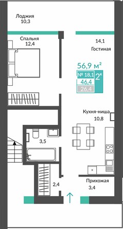 Планировка 2-комн 56,9 м²