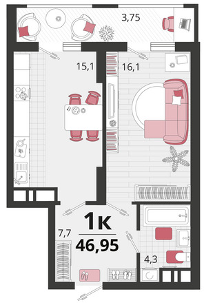 Планировка 1-комн 46,95 м²