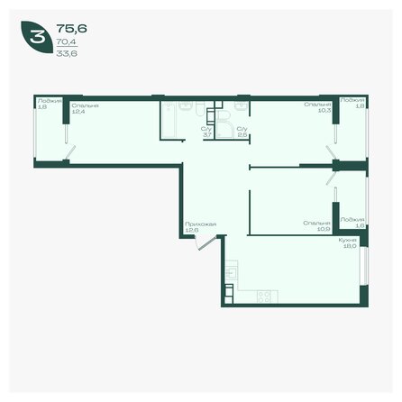 Планировка 3-комн 75,6, 76 м²
