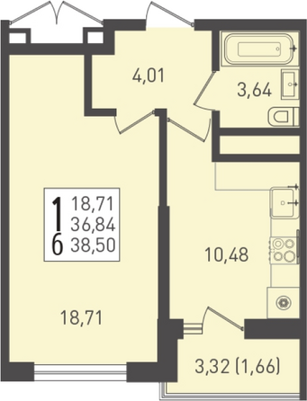 Планировка 1-комн 38,5 м²