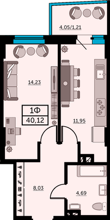 Планировка 1-комн 39,49 - 39,76 м²