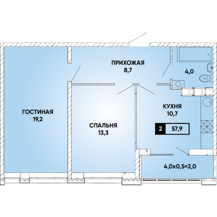 Планировка 2-комн 57,9 м²