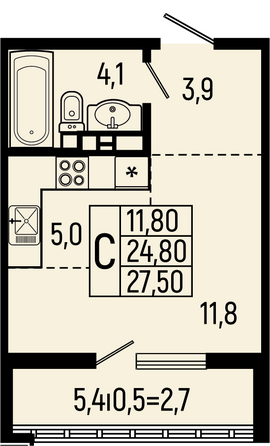Планировка Студия 27,5, 27,9 м²