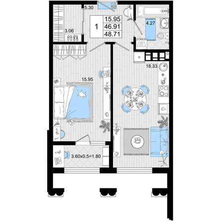 Планировка 1-комн 48,71, 48,73 м²