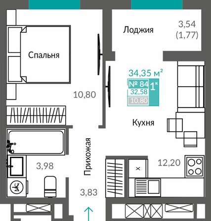 Планировка 1-комн 32,58 - 34,5 м²
