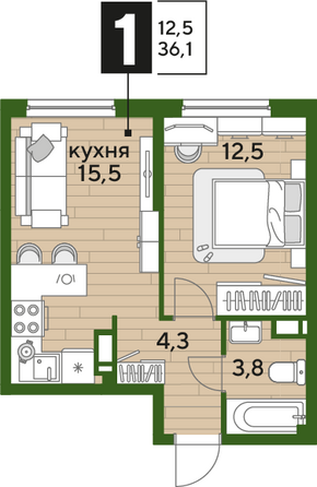 Планировка 1-комн 36,1 м²