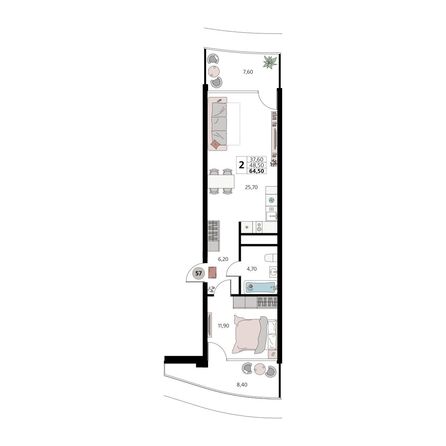 Планировка 2-комн 64,5 м²
