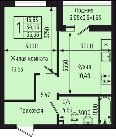 Планировка 1-комн 35,56 м²