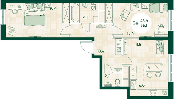 Планировка 3-комн 66,1 м²