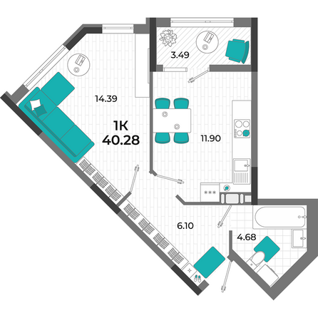 Планировка 1-комн 40,28 м²