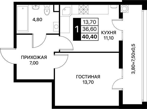 Планировка 1-комн 40,4 м²