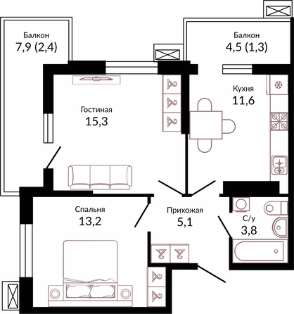 Планировка 2-комн 52,5 м²