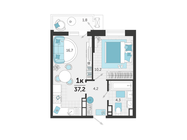 Планировка 1-комн 37,2 м²