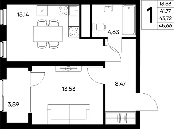 Планировка 1-комн 45,66 м²