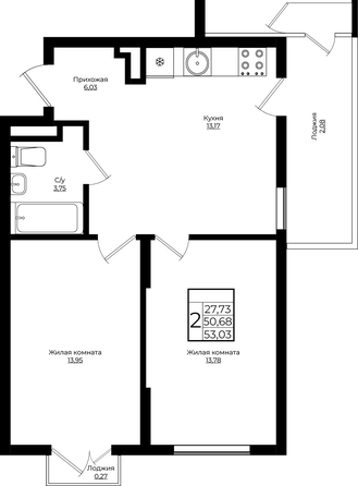 Планировка 2-комн 52,96, 53,03 м²