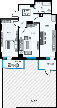 Планировка 2-комн 75,86 м²