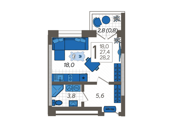 Планировка 1-комн 28,2 м²