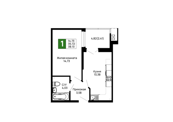 Планировка 1-комн 38,13 м²