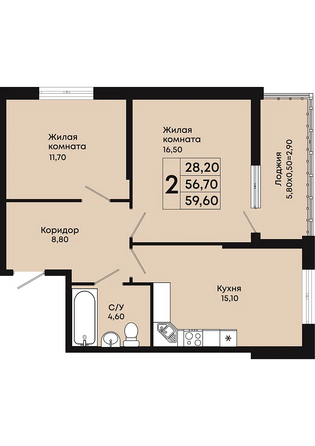 Планировка 2-комн 59,6 м²