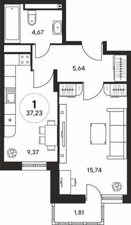 Планировка 1-комн 36,83 - 37,23 м²