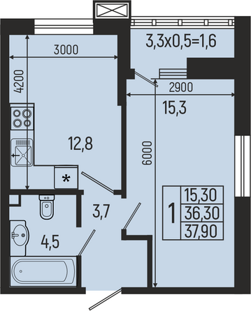 Планировка 1-комн 37,9 м²